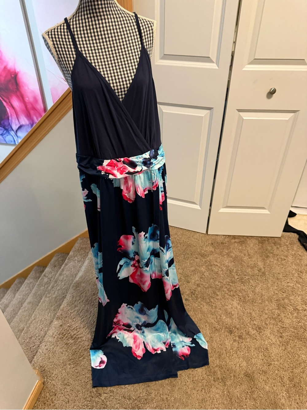 Navy Floral Maxi Dress with Pink & Aqua Blooms